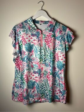 Soneven Women’s Floral Quarter Zip-Front Ruffle Golf Polo - Pink & Teal, 2X